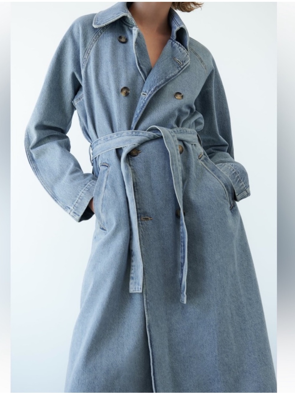 Zara Denim Long Trench Coat Sz S 100% Cotton - Picture 3 of 12
